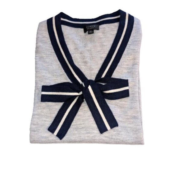 NWOT J Crew Cashmere Sweater in Heather Gray Tie Neck with Blue and White Bow - Picture 4 of 6